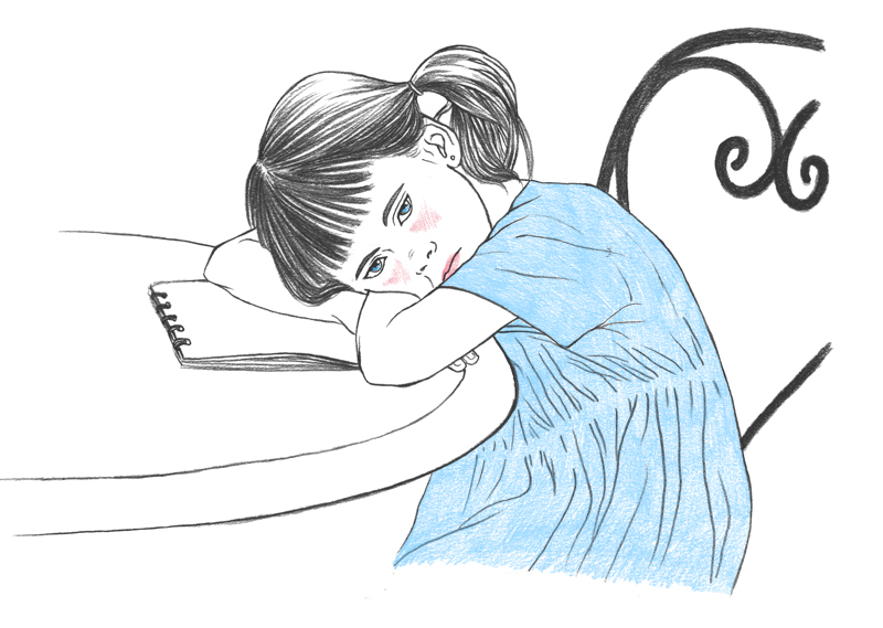 Illustration représentant un enfant, une petite fille, en difficulté d'apprentissage et boudant sur sa table de travail.